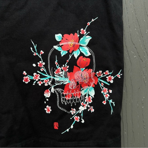 Y2K Lucky 13 Pencil Skirt Floral Skull Womens Medium Black With Slit Emo 2000s - Picture 2 of 9